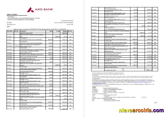 India Axis 2 pages excel pdf